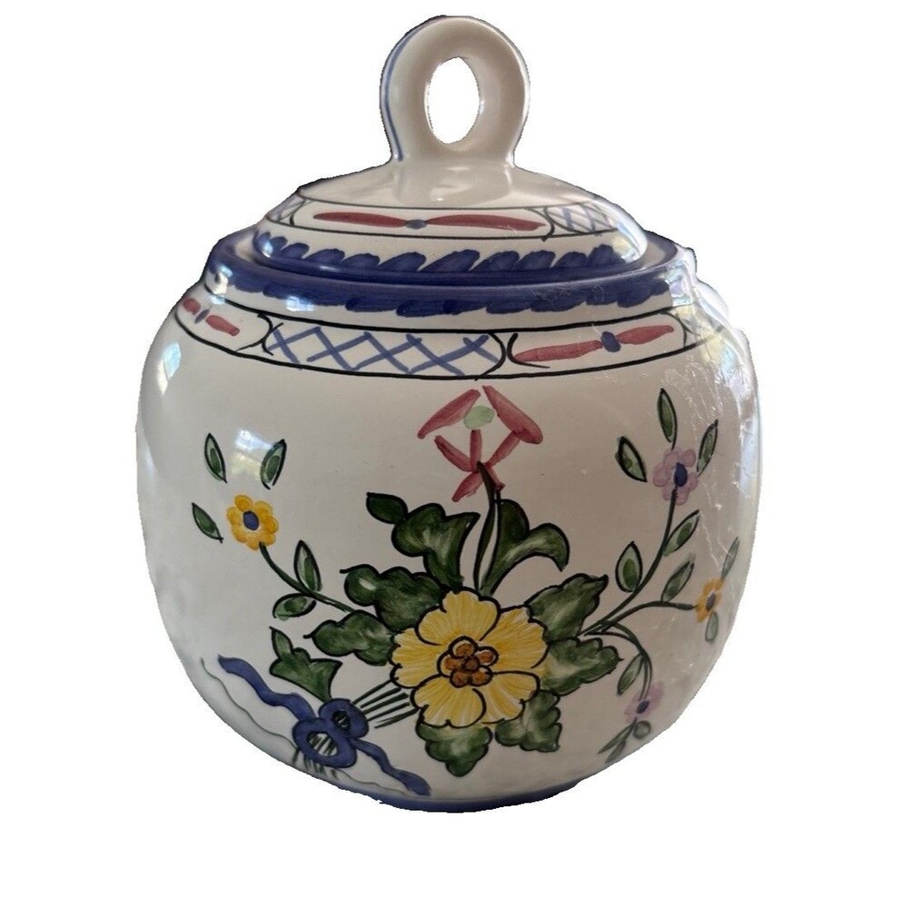 Vintage Tiffany & Co Lisbon Portugal Hand Painted Floral Pottery Sugar Bowl Lid